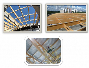 Многофункциональный комплекс семейного  отдыха и реабилитации здоровья в  Москве 2012г.     Несущие  клееные деревянные конструкции покрытия (балки, фермы) защищены Belinka Toplasur  №12